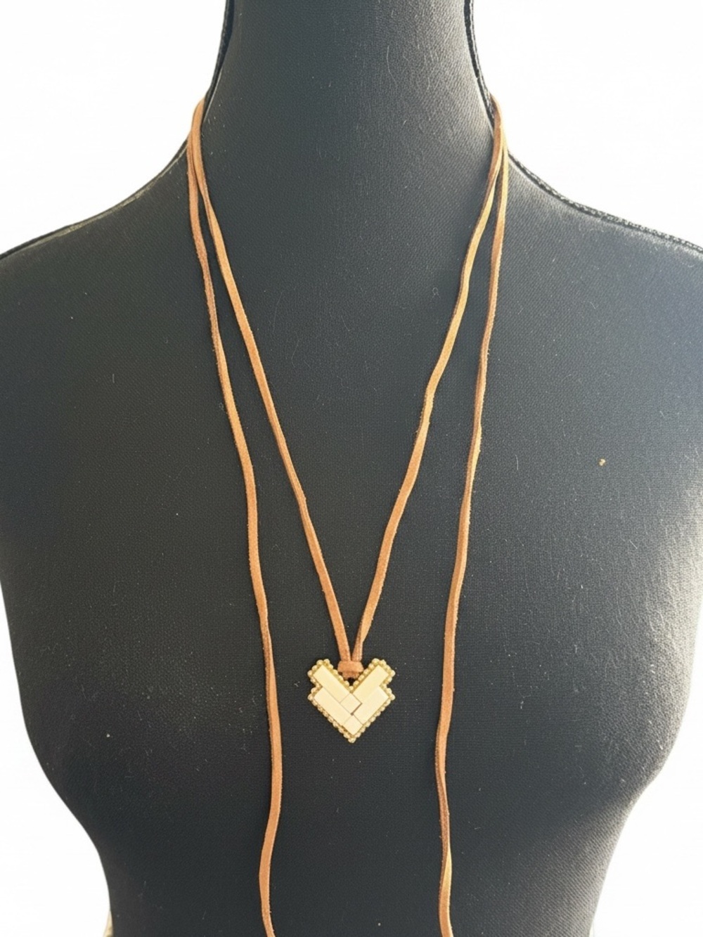 Handmade Tan Suede Lariat Necklace with Gold Heart Pendant